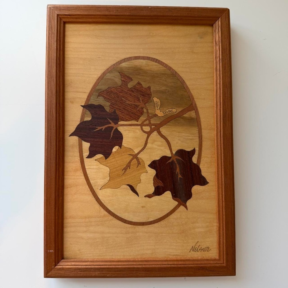 Vintage Hudson River Wood Inlay Fall Maple Leaves Wall Art